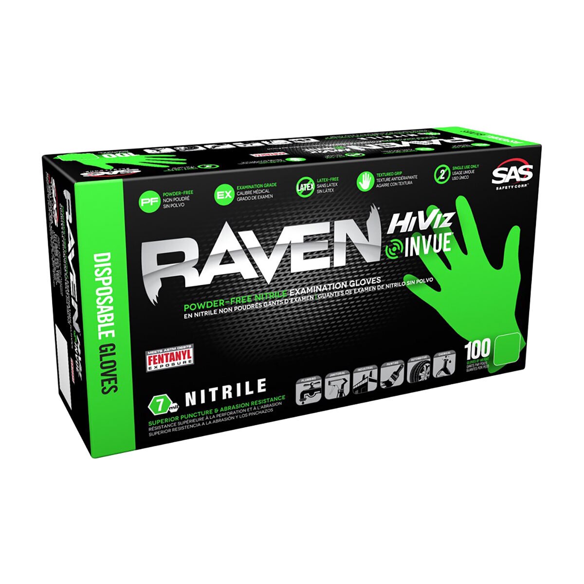 SAS Raven Extra Strength Gloves Disposable Hi-Viz Safety Green Medium ...
