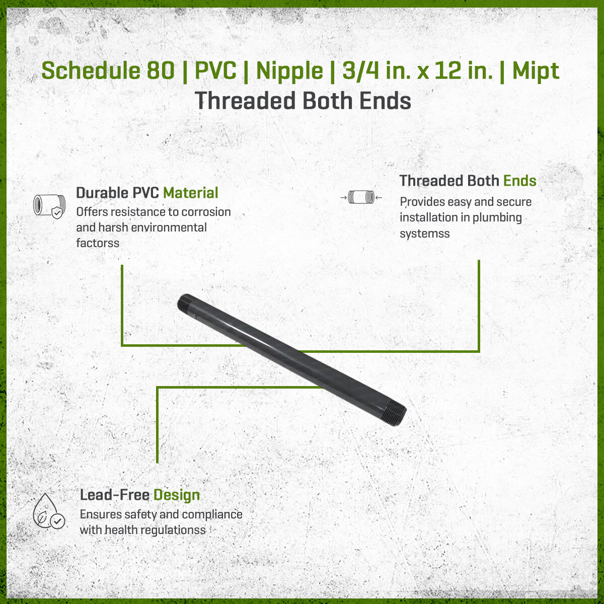 Sch 80 PVC Nipple 3/4 in. x 12 in. MIPT Threaded Both Ends | SiteOne US