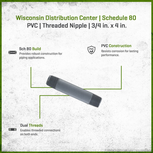Sch 80 PVC Nipple 3/4 in. x 4 in. MIPT Threaded Both Ends