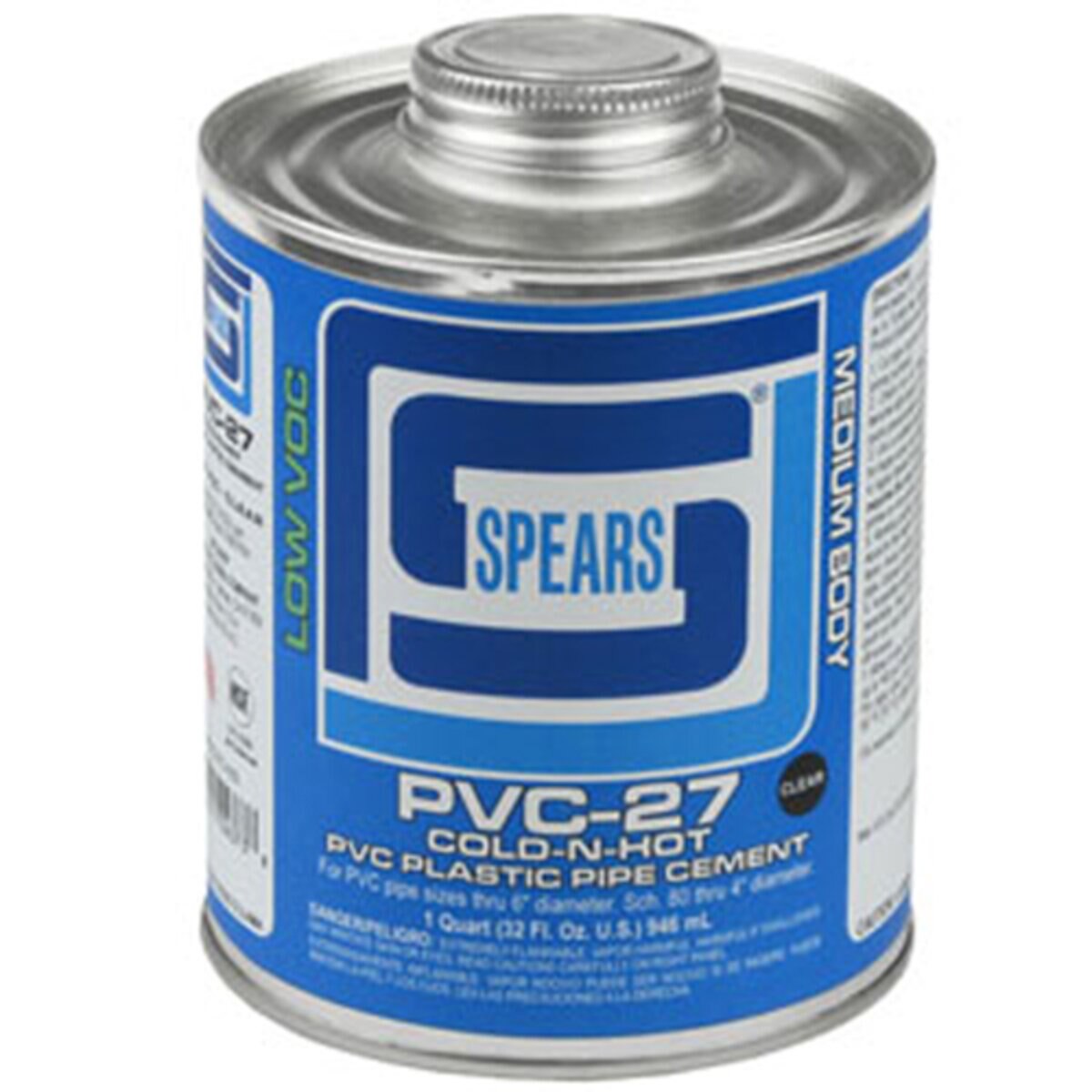 Spears PVC-27 Cold-N-Hot Clear PVC Cement Low VOC Medium Body 1 pt ...